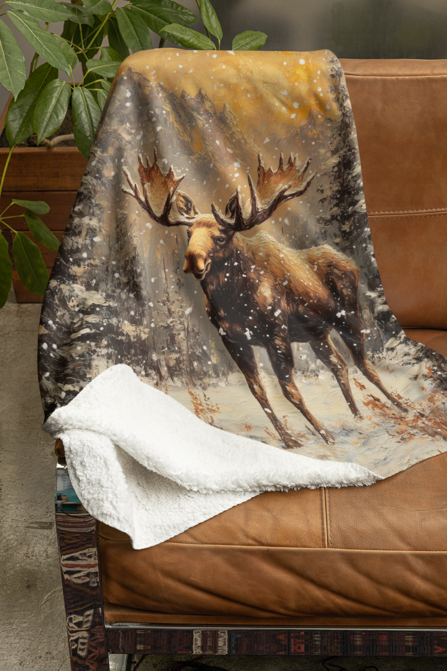 Cozy Winter Moose-Themed Velveteen Plush Blanket
