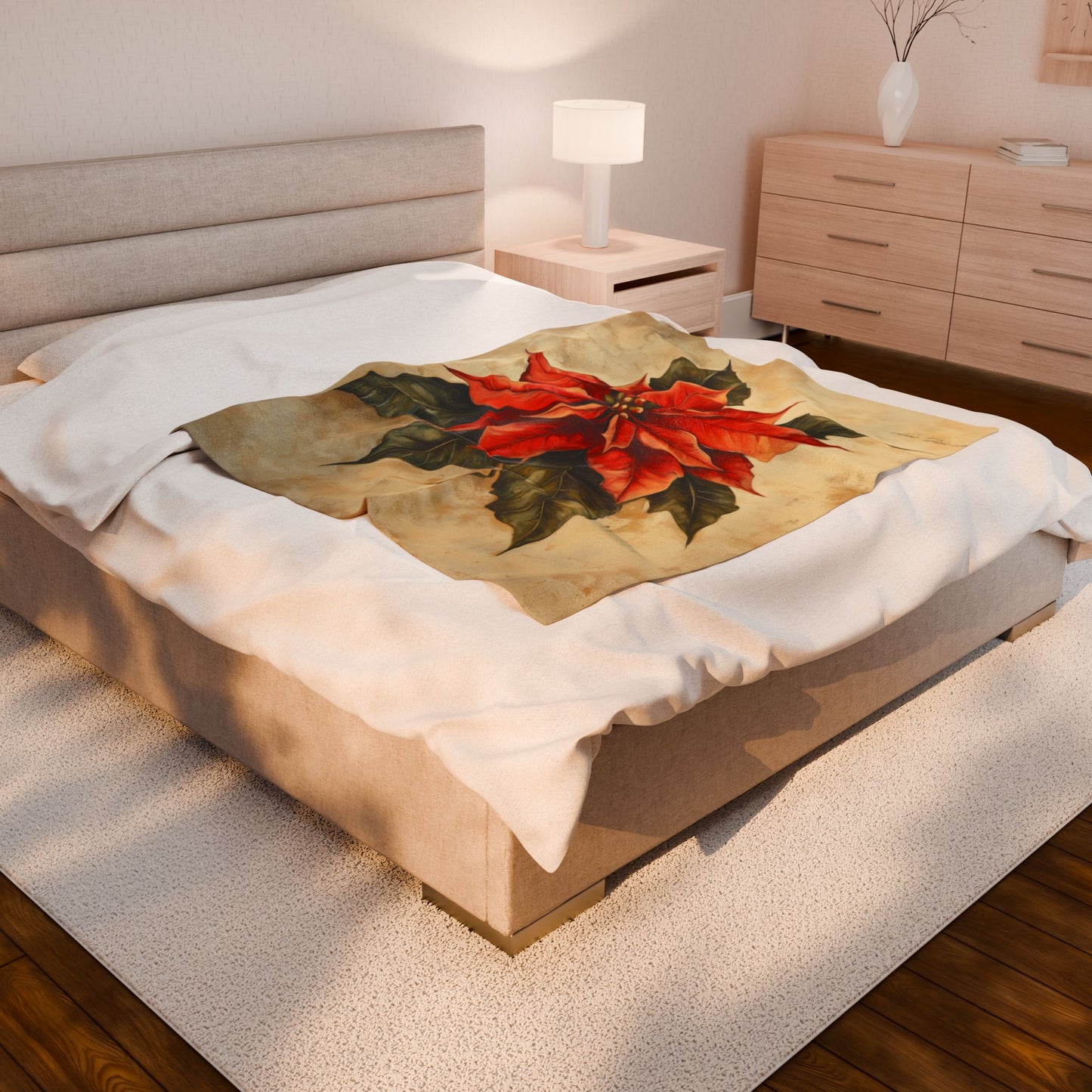 Festive Poinsettia Velveteen Plush Blanket