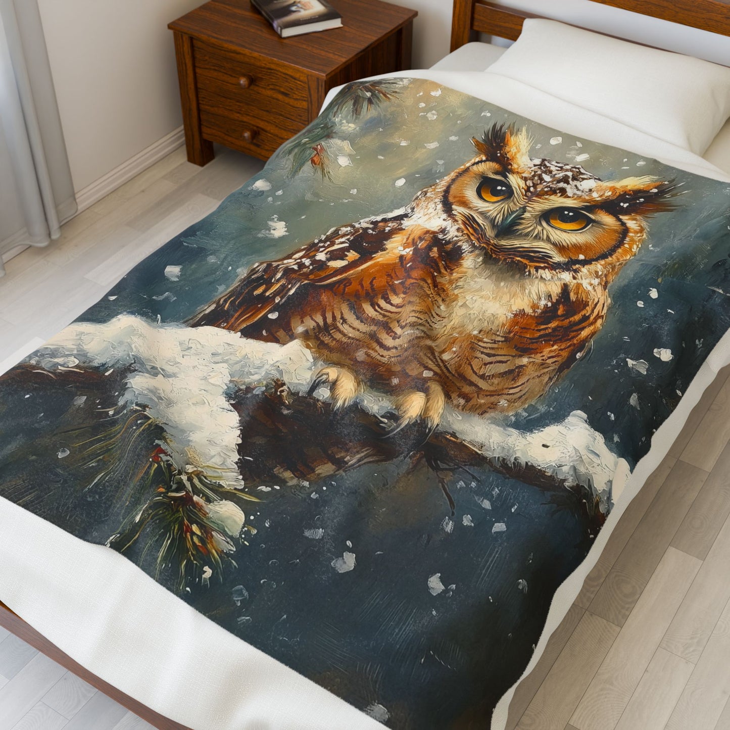 Snowy Great Horned Owl Velveteen Plush Blanket – Cozy Wildlife Throw for Winter Comfort