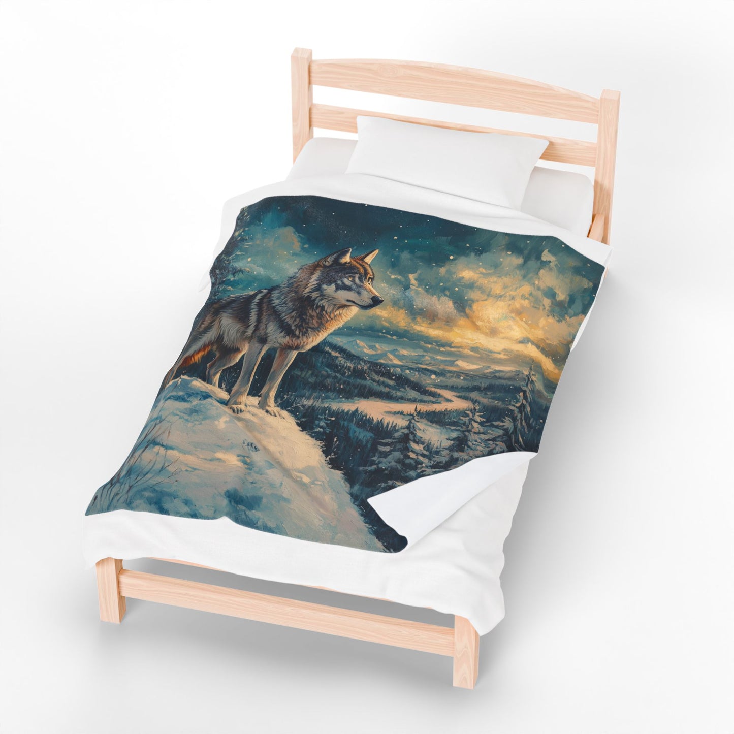 Majestic Winter Wolf Velveteen Plush Blanket - Cozy Artwork for Nature Lovers