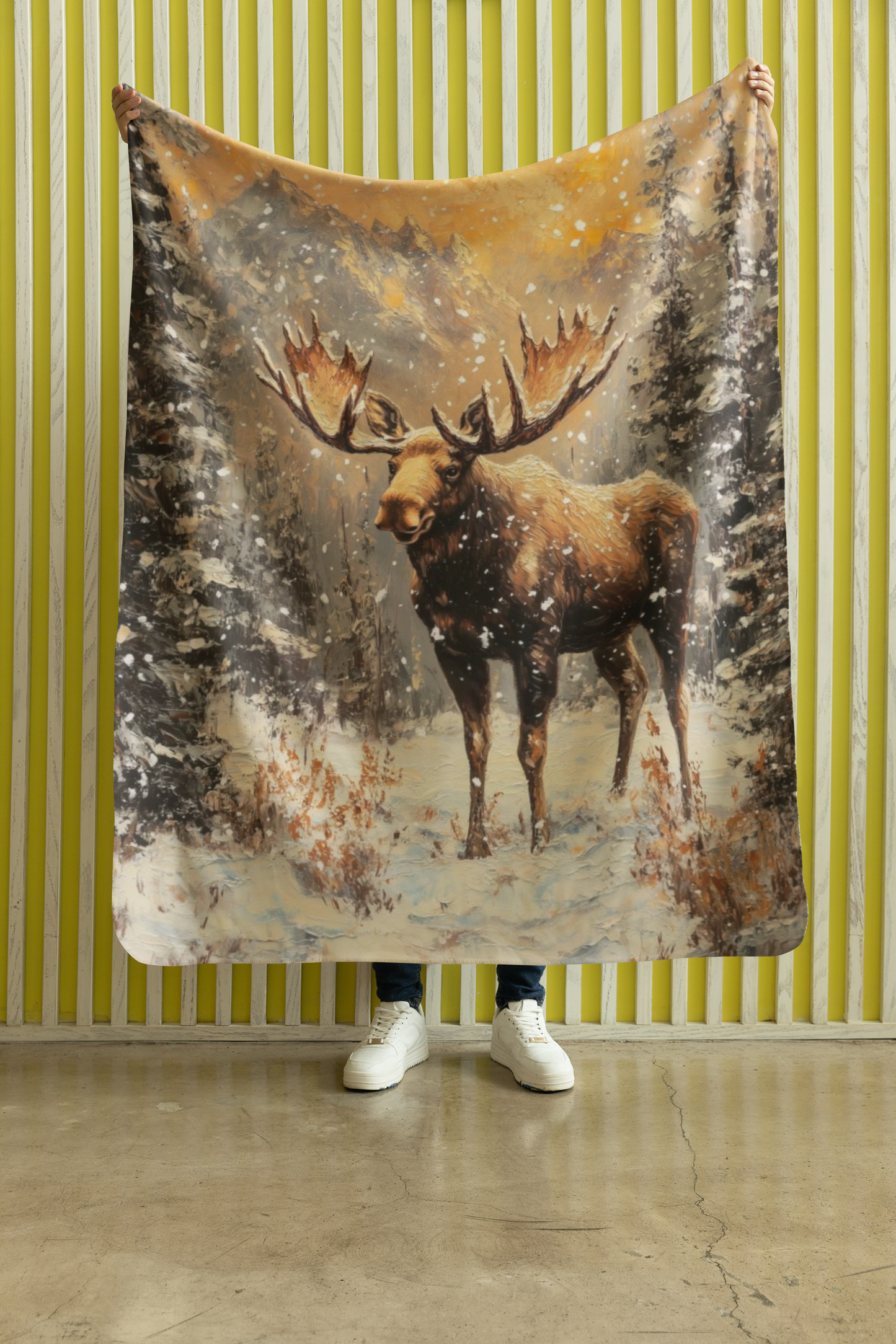 Cozy Winter Moose-Themed Velveteen Plush Blanket