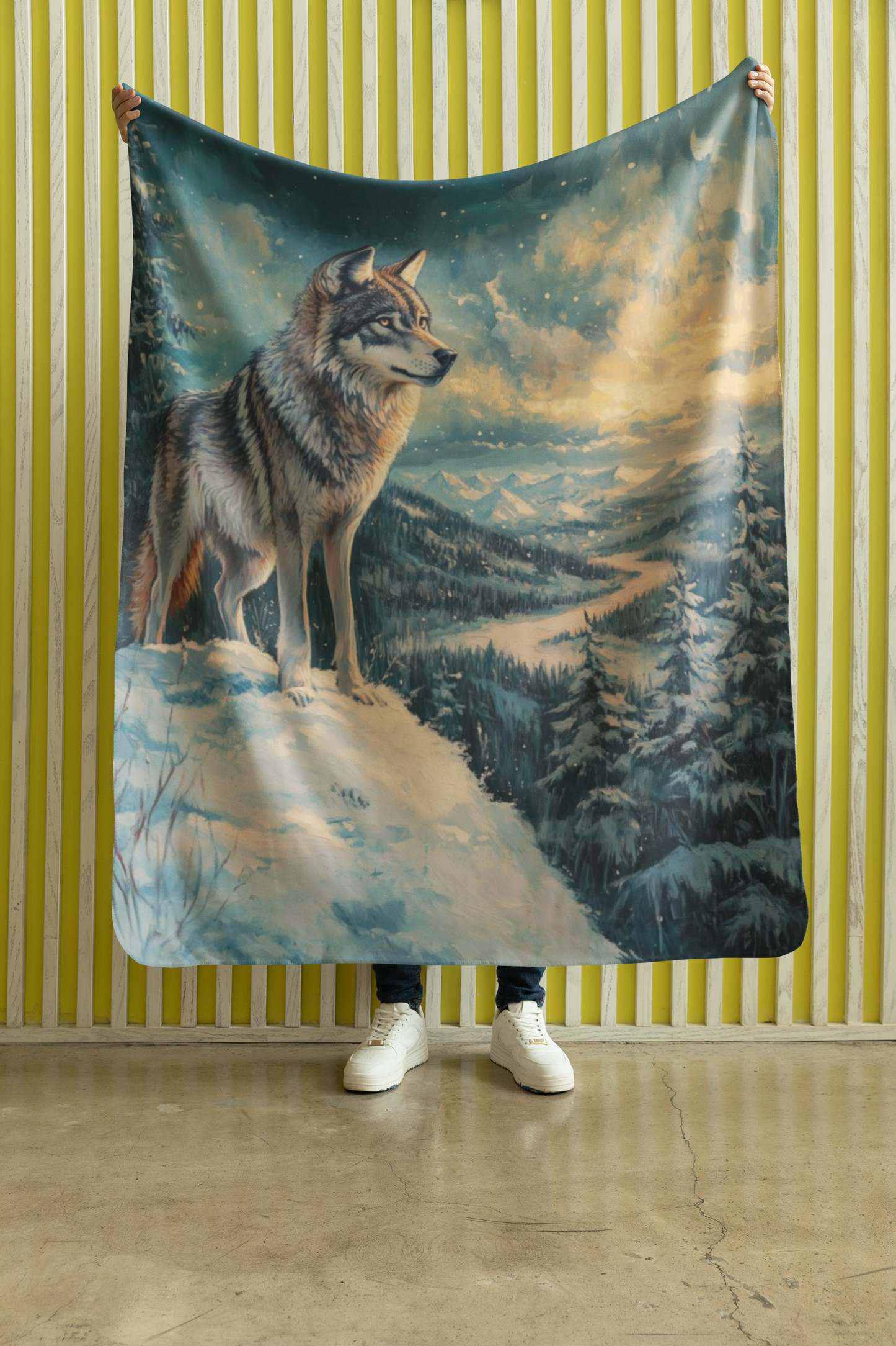 Majestic Winter Wolf Velveteen Plush Blanket - Cozy Artwork for Nature Lovers
