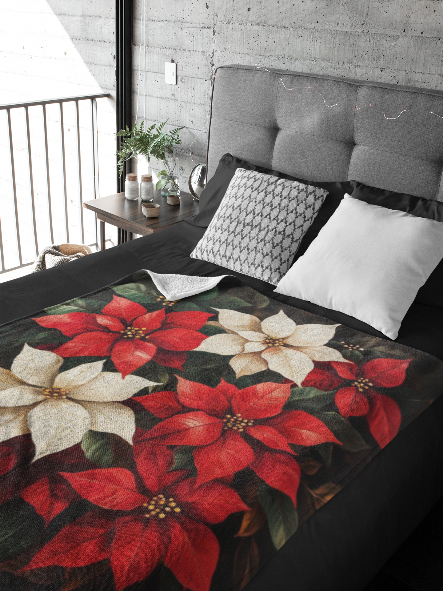 Cozy Christmas Velveteen Plush Blanket with Poinsettia Design