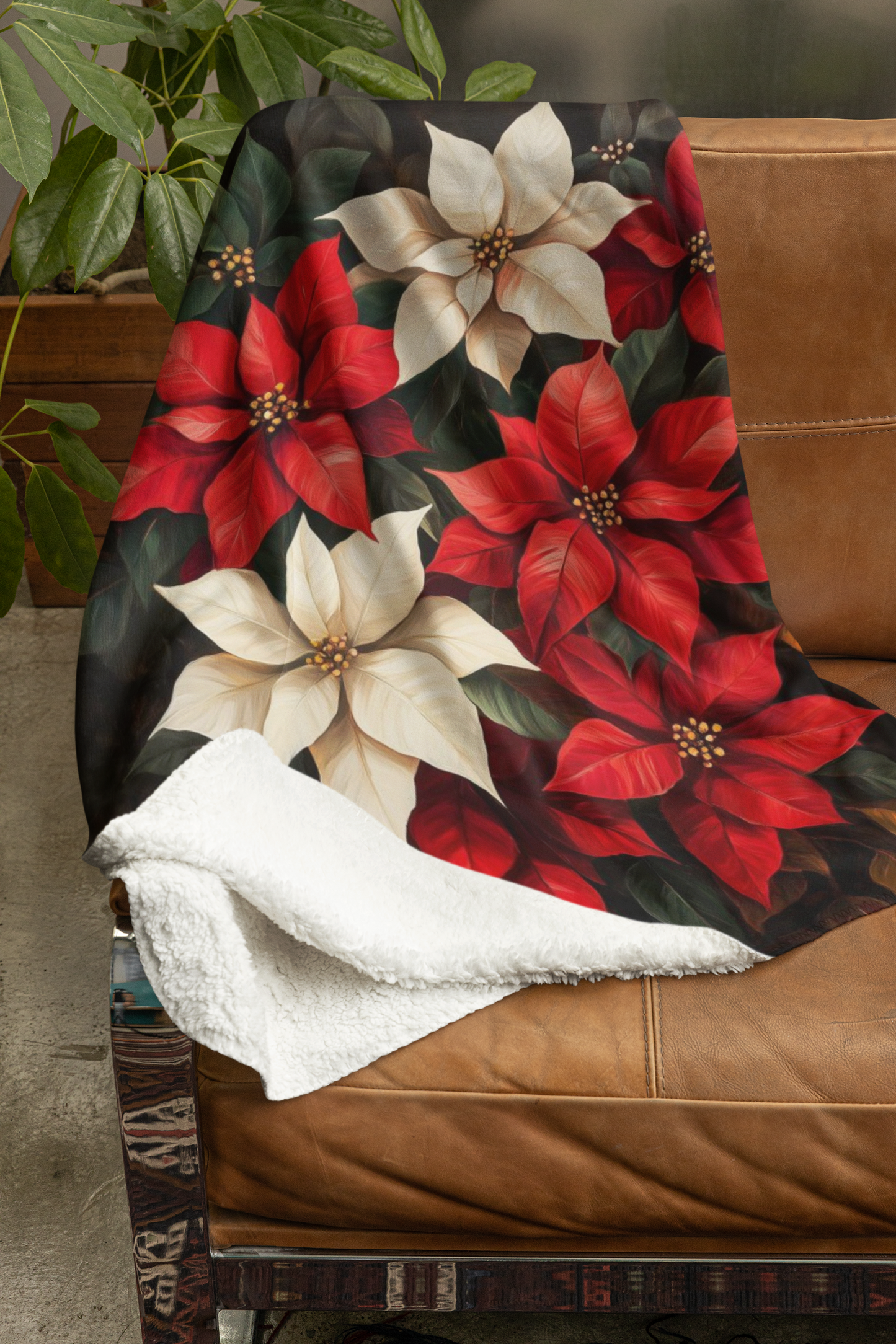 Cozy Christmas Velveteen Plush Blanket with Poinsettia Design