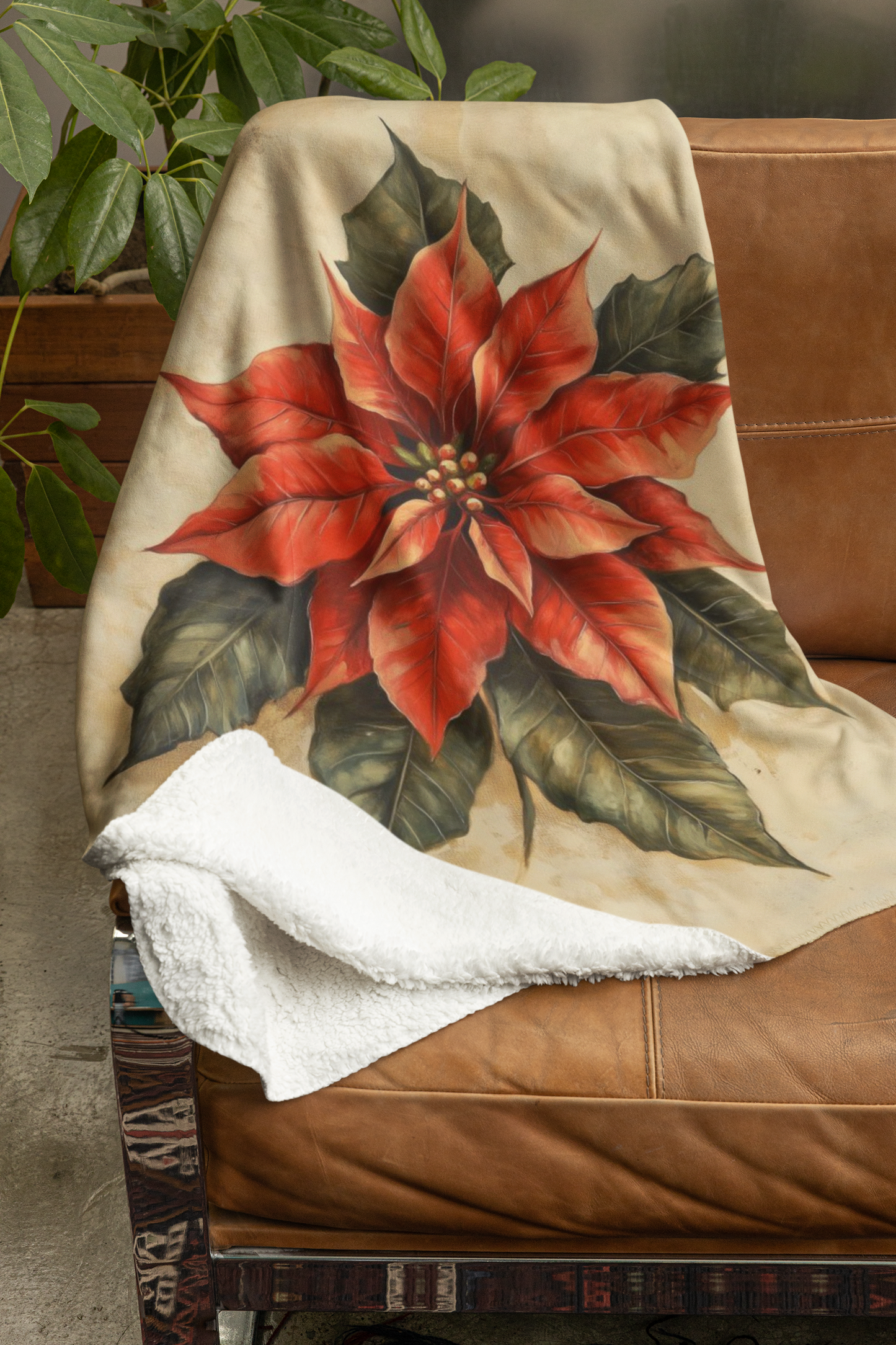 Festive Poinsettia Velveteen Plush Blanket