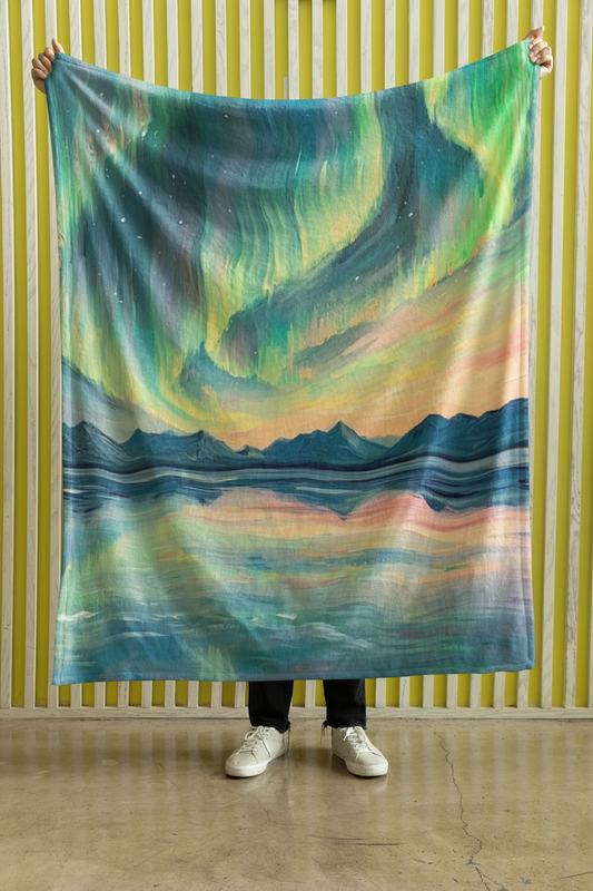 Aurora Night Velveteen Plush Blanket – Northern Lights Landscape Throw