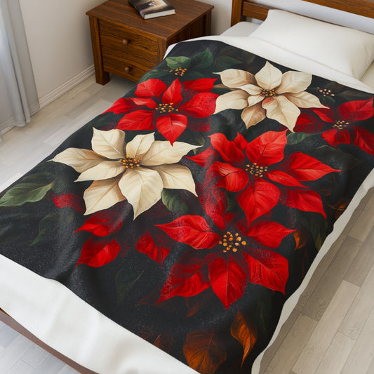 Cozy Christmas Velveteen Plush Blanket with Poinsettia Design