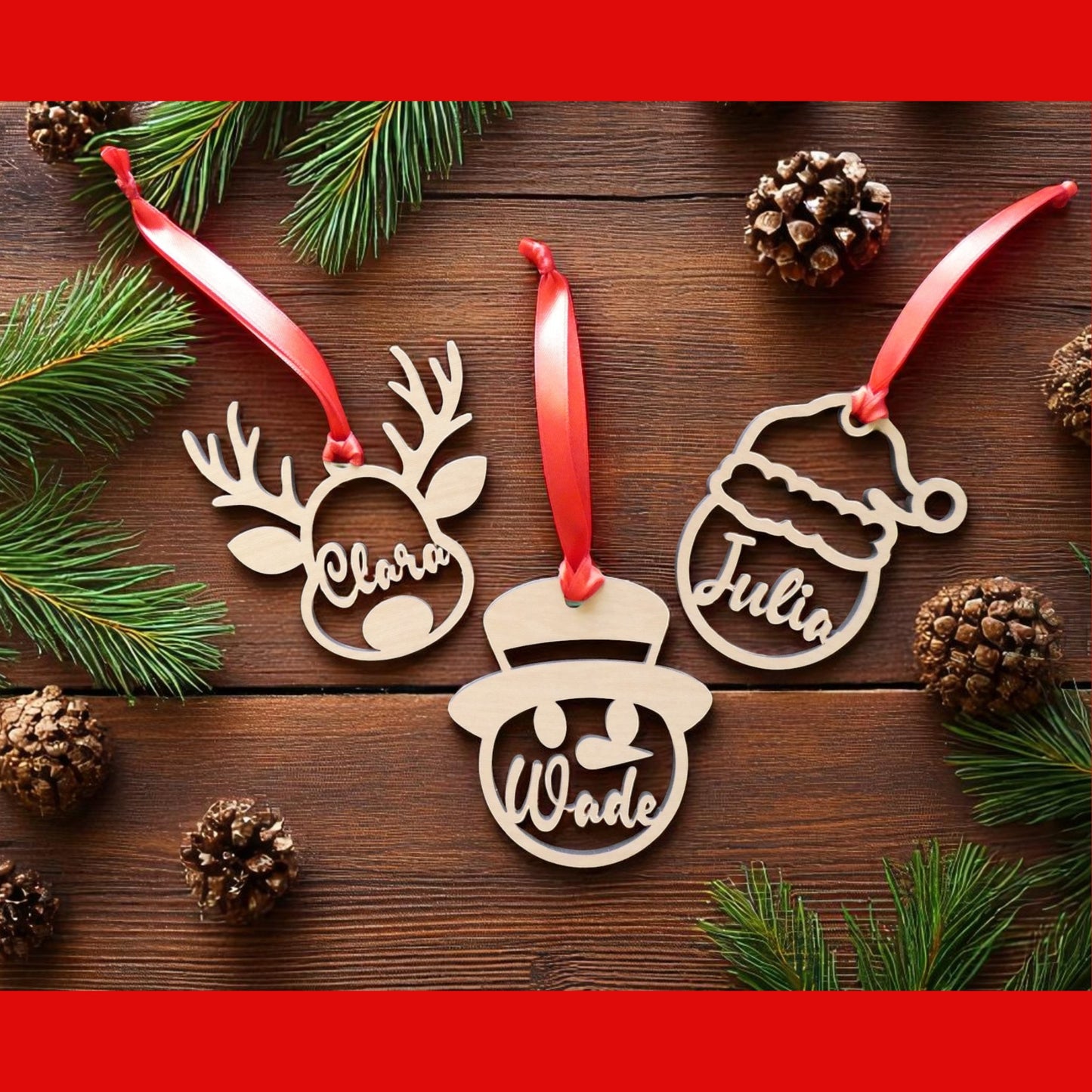 Personalized Name Wood Christmas Ornament - Snowman, Reindeer, Santa