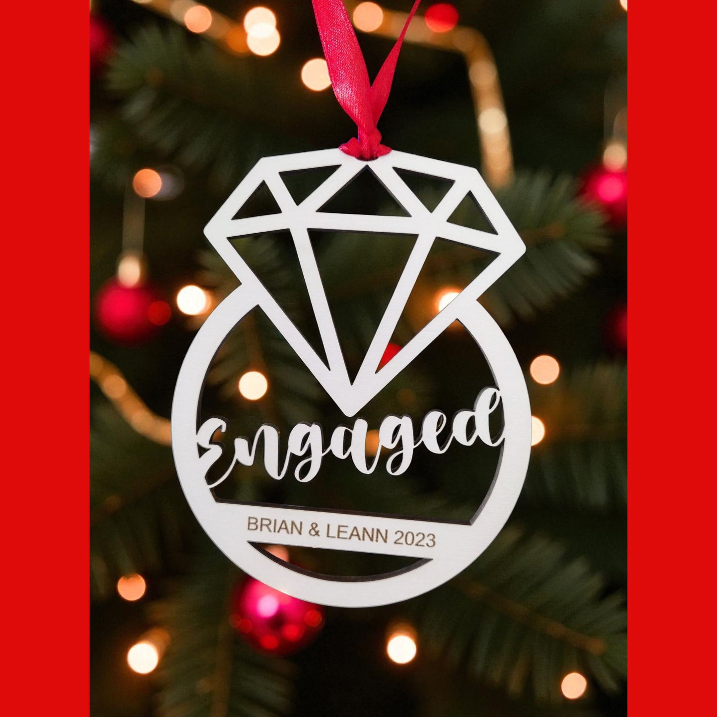 Personalized Diamond Shaped Engagement Christmas Ornament
